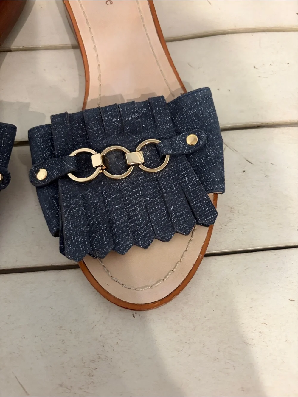 kate spade Brie Navy Dark wash Denim Fringe Slide Sandals with Gold Chain